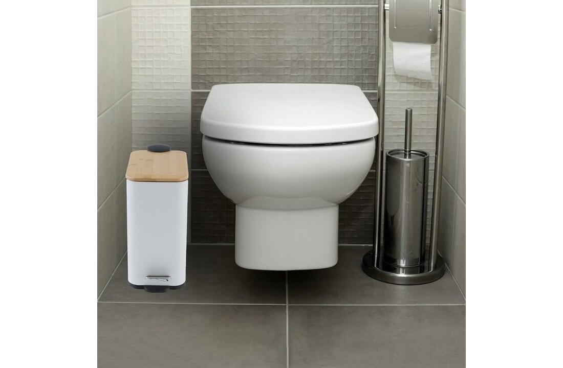 Pedaalemmer badkamer wit | 5L | Staal & Bamboe | Modern Mat