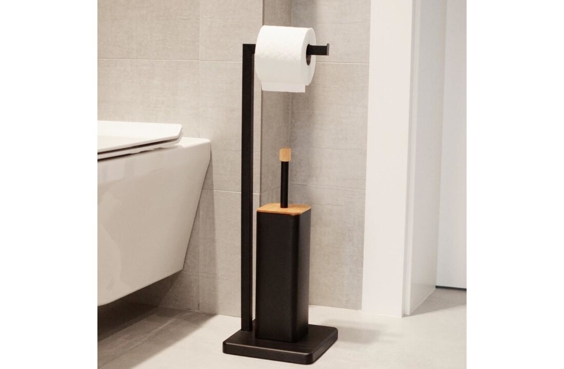 Toiletborstelhouder staand bamboe - Zwart Staal, 20x64cm