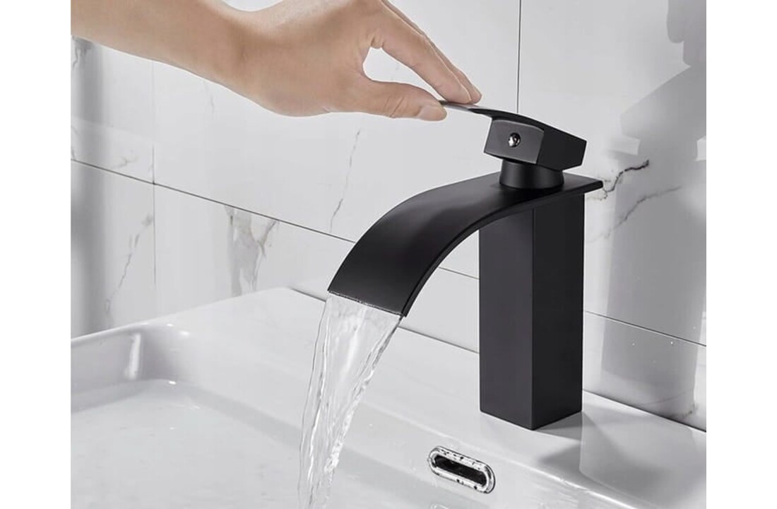 Mat zwarte badkraan hendel - Messing, 18cm hoog, Keramische kop