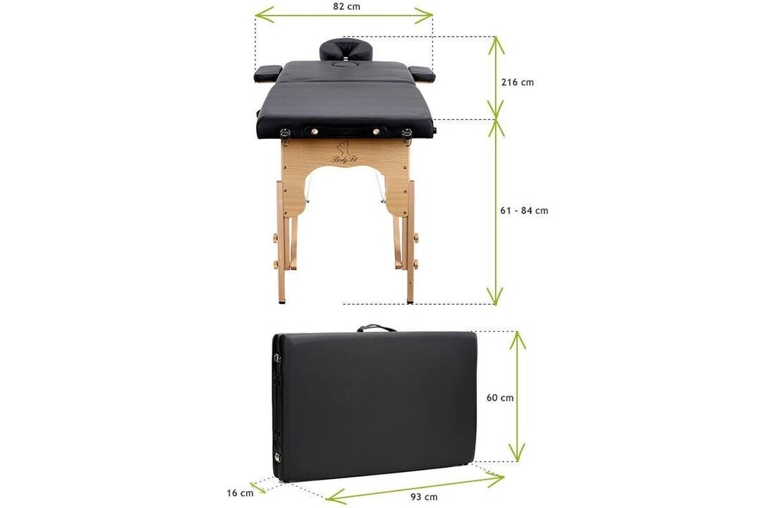 Draagbare massagetafel: Zwart ECO-leer, 216 cm, 2 segmenten
