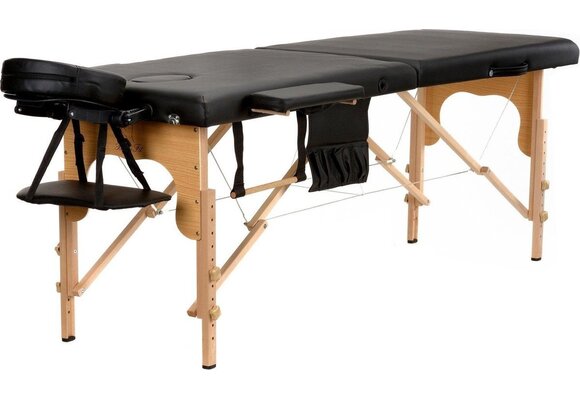 Verstelbare massagetafel zwart: Houten, 2-segmenten, 216cm, ECO-leer