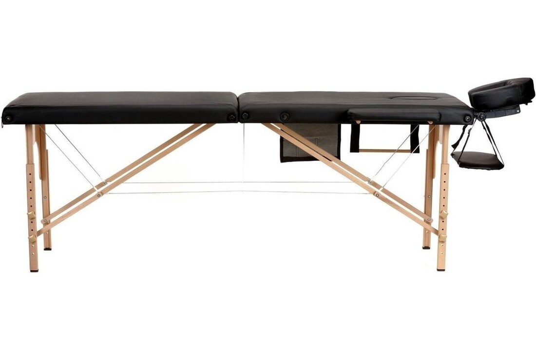 Verstelbare massagetafel zwart: Houten, 2-segmenten, 216cm, ECO-leer