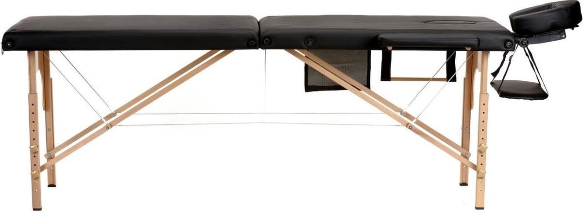 Verstelbare massagetafel zwart: Houten, 2-segmenten, 216cm, ECO-leer