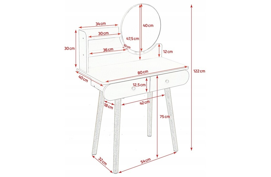 Kaptafel met ronde spiegel | Naturel & Wit | 80x40x122 cm | MDF & Grenenhout