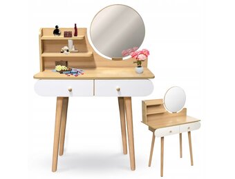 Kaptafel met ronde spiegel | Naturel & Wit | 80x40x122 cm | MDF & Grenenhout