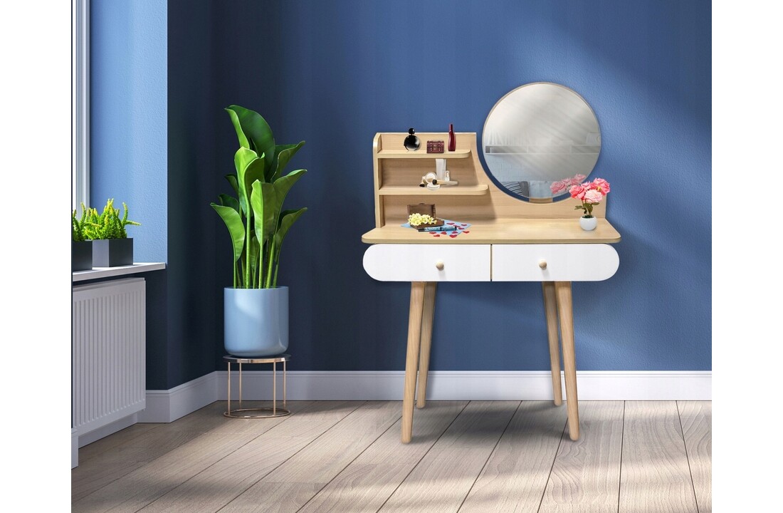 Kaptafel met ronde spiegel | Naturel & Wit | 80x40x122 cm | MDF & Grenenhout