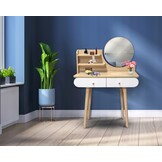 Kaptafel met ronde spiegel | Naturel & Wit | 80x40x122 cm | MDF & Grenenhout