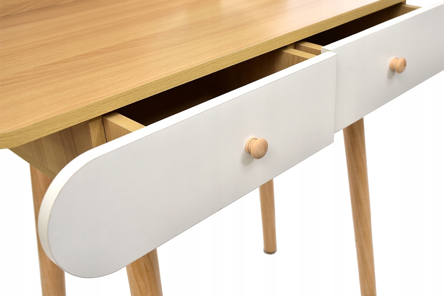 Kaptafel met ronde spiegel | Naturel & Wit | 80x40x122 cm | MDF & Grenenhout