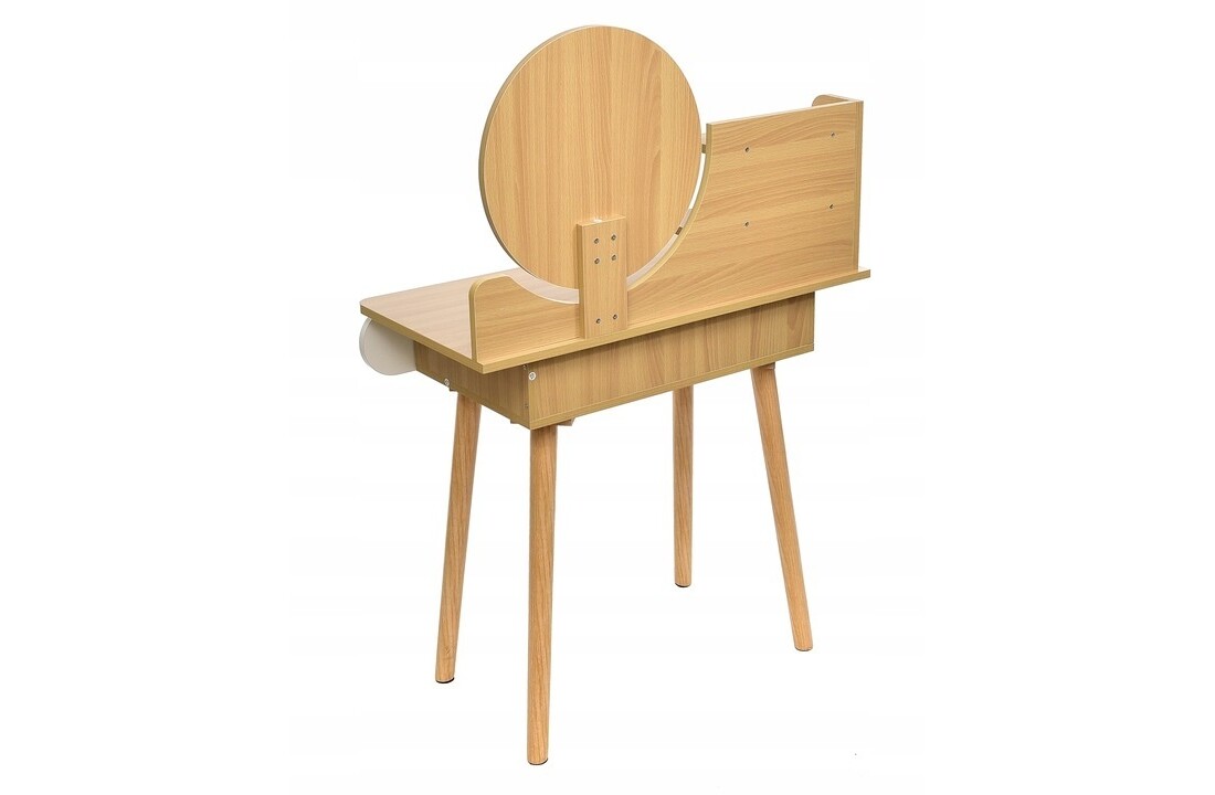 Kaptafel met ronde spiegel | Naturel & Wit | 80x40x122 cm | MDF & Grenenhout