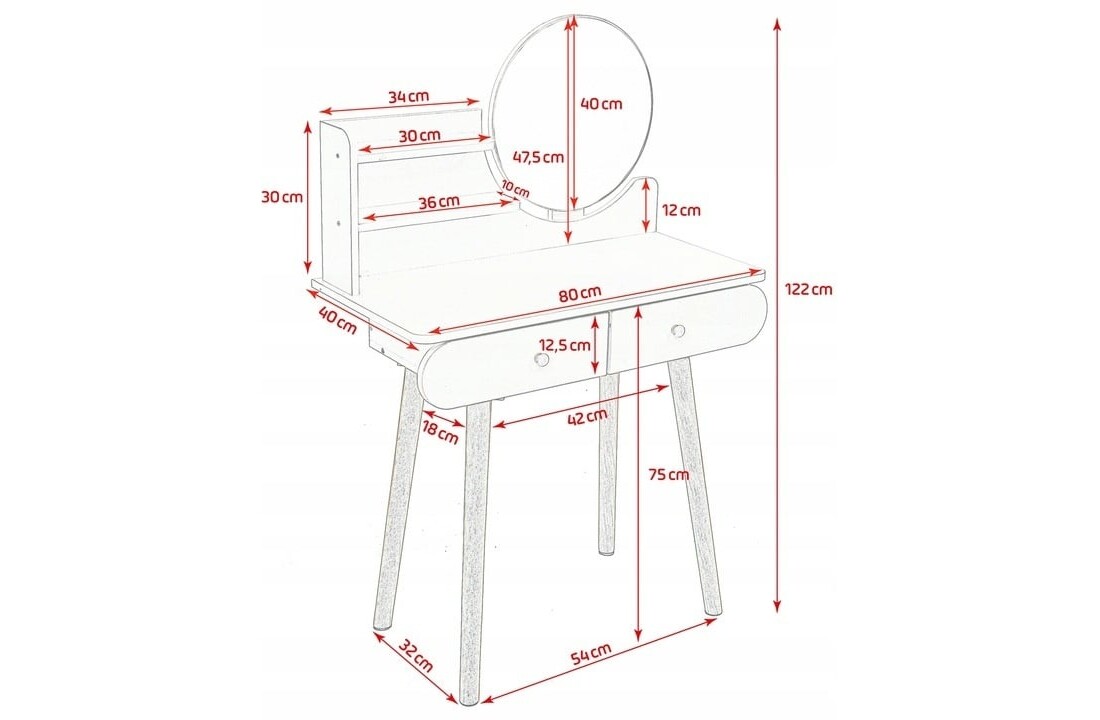 Witte make up tafel hout - Rond, 80x40x122 cm, MDF/grenenhout
