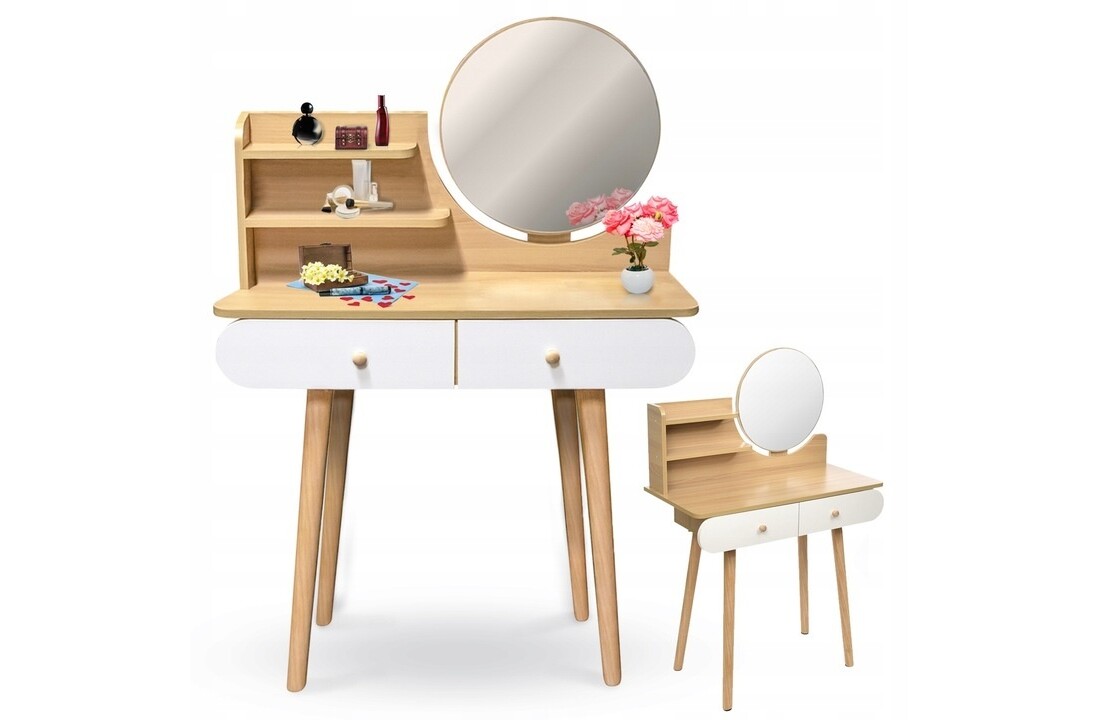 Kaptafel lades ronde spiegel - 80x40x122cm - Naturel/Wit Hout