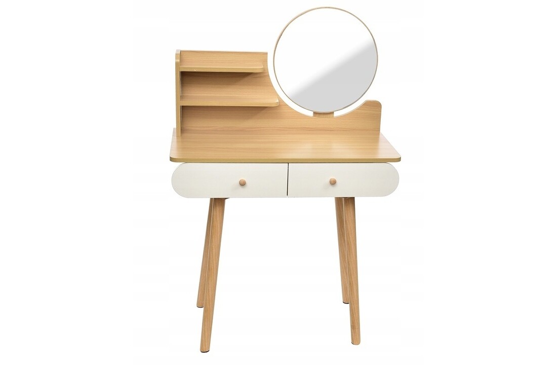 Kaptafel lades ronde spiegel - 80x40x122cm - Naturel/Wit Hout