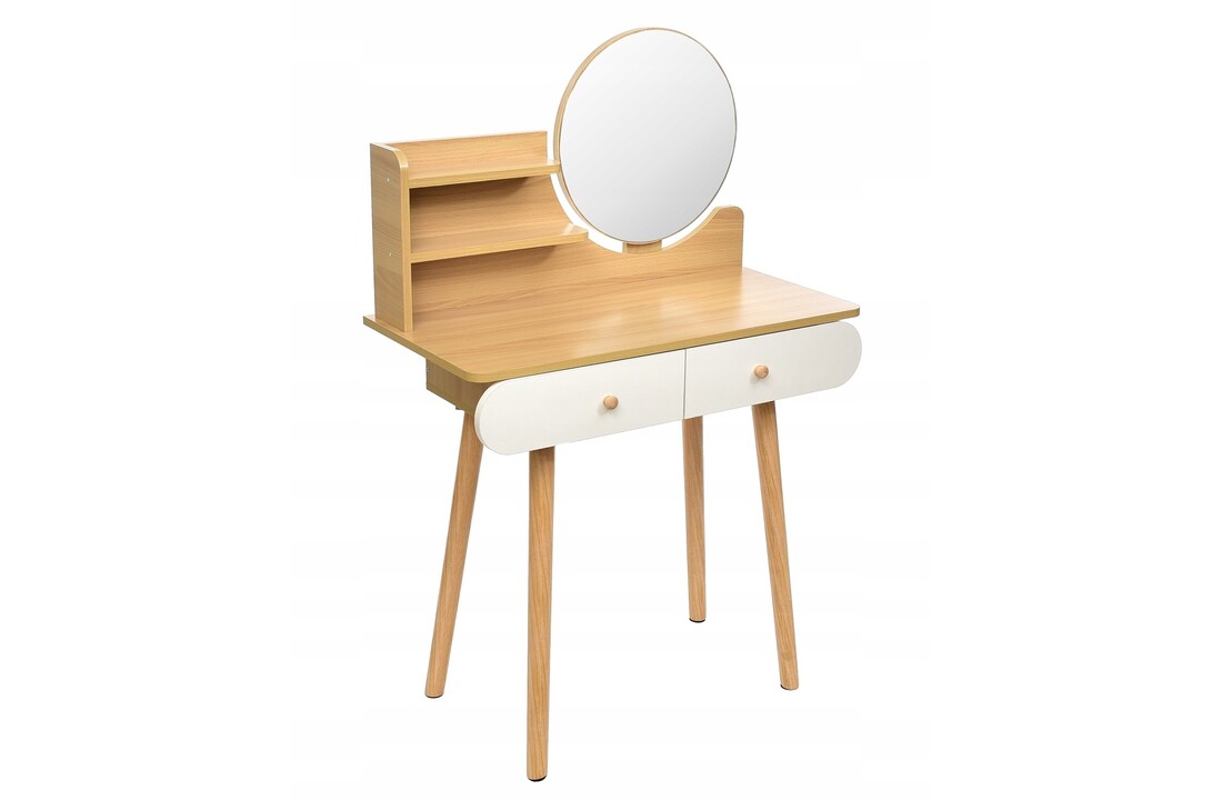 Kaptafel lades ronde spiegel - 80x40x122cm - Naturel/Wit Hout