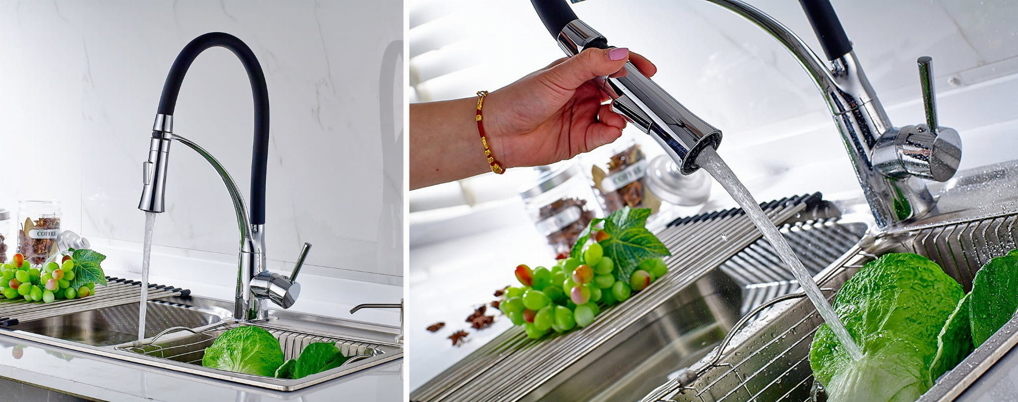 Keukenkraan zwart chroom | Flexibel, Uittrekbaar, Messing & Chroom