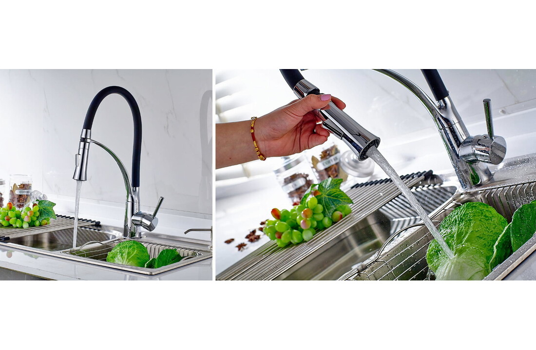 Flexibele keukenkraan zwart - Messing & Chroom, 43cm Hoog