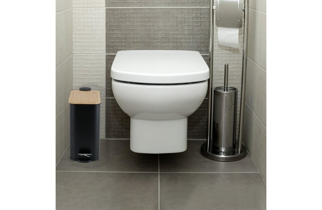 Pedaalemmer badkamer zwart bamboe 5L staal