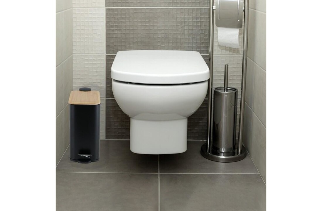 Prullenbak bamboe deksel - 5L Pedaalemmer Badkamer Zwart Staal