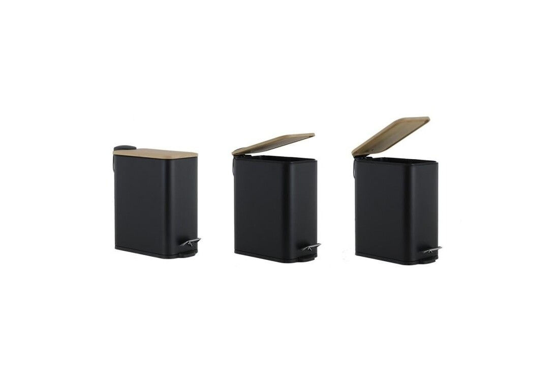 Prullenbak bamboe deksel - 5L Pedaalemmer Badkamer Zwart Staal