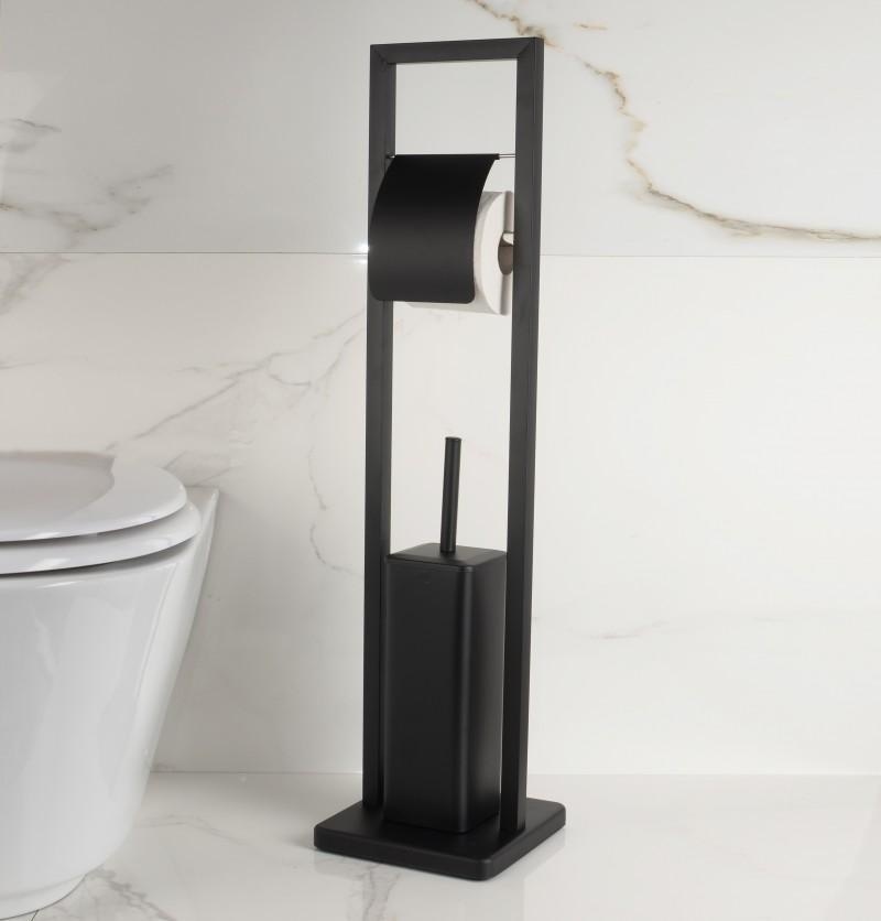Staande toiletrolhouder met borstel - Zwart, 20x80cm, Gelakt Staal