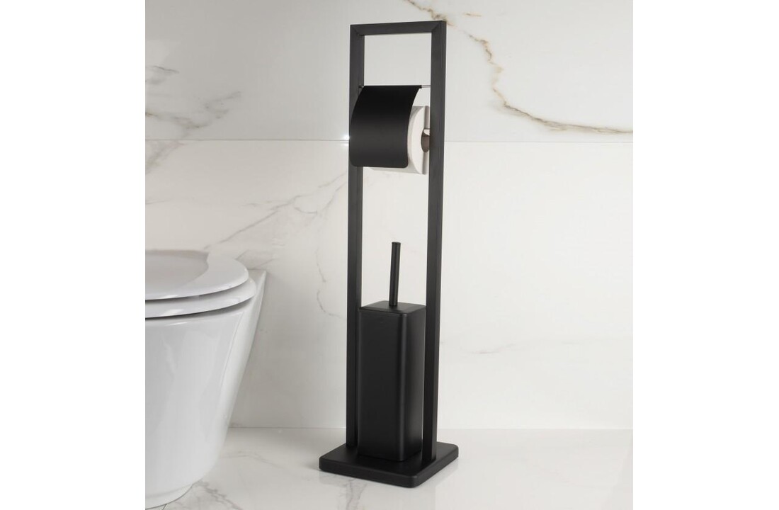 Toiletborstelhouder staand met rolhouder - Zwart staal 20x80cm