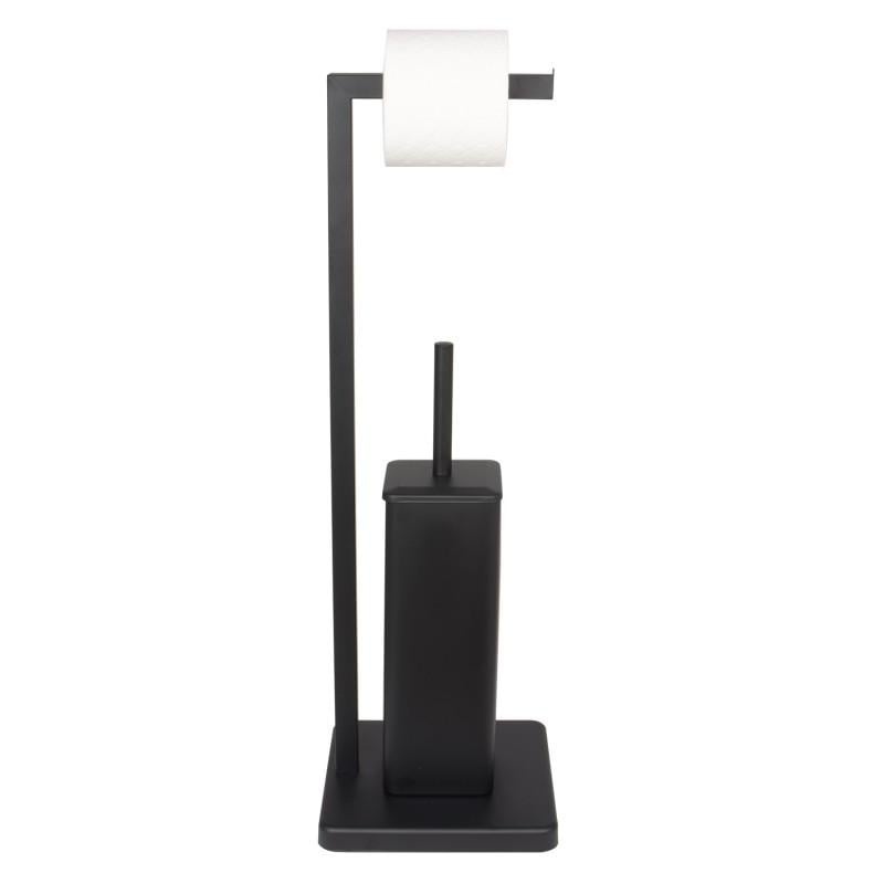 Staande wc rolhouder met borstel - Zwart, 20x63cm, Staal