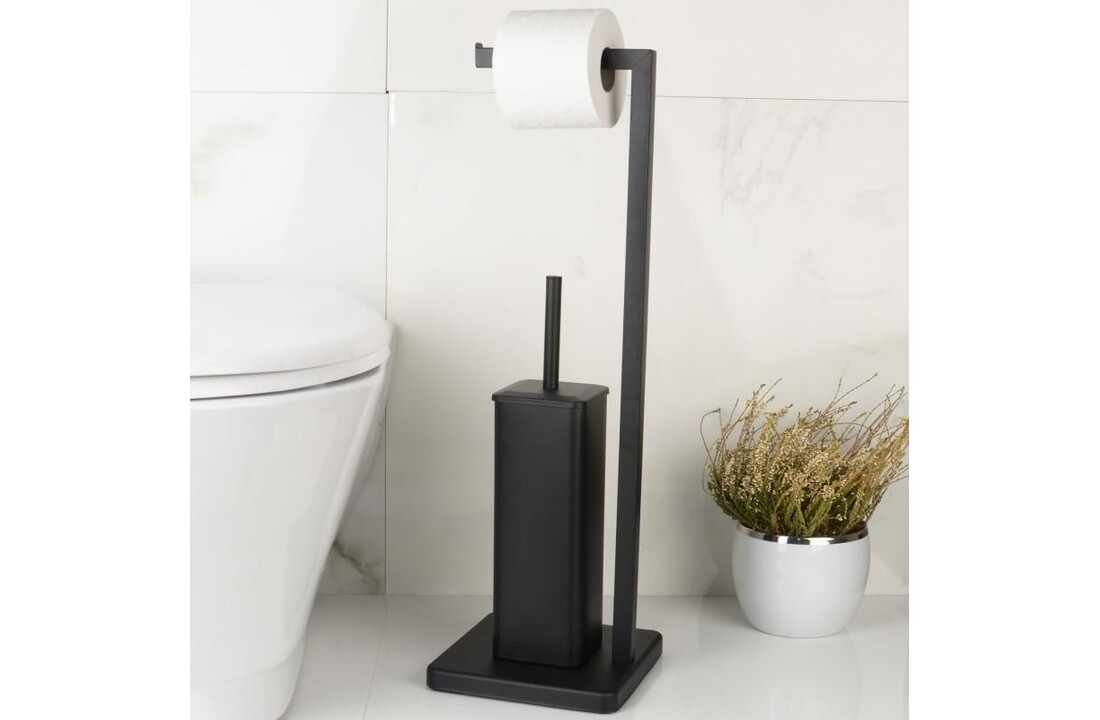 Staande wc rolhouder met borstel - Zwart, 20x63cm, Staal