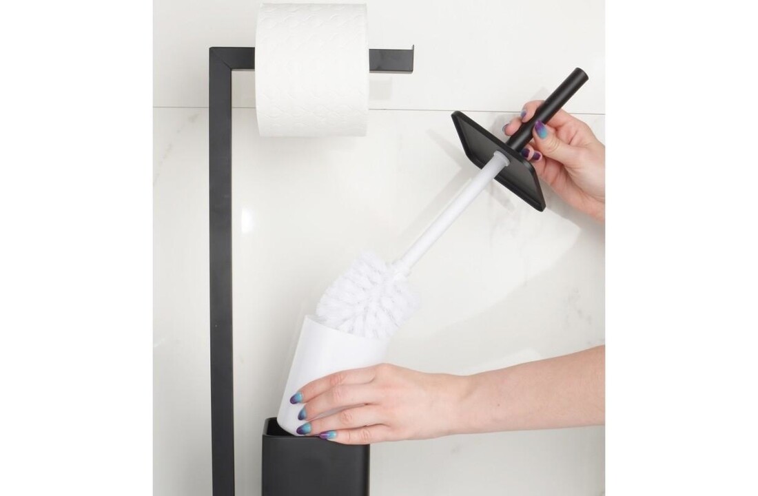 Toiletrolhouder met toiletborstel staand - Zwart Metaal 20x63cm