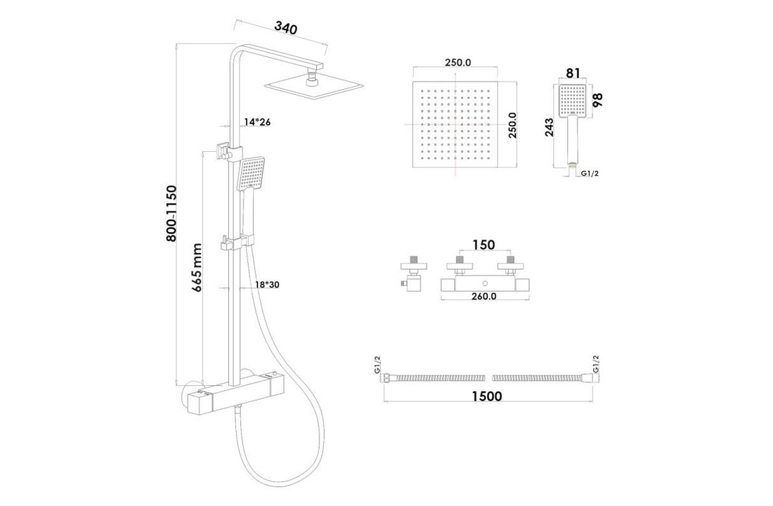 Douchepaneel thermostaatkraan | Matzwart | 25cm Regendouche | Messing/RVS