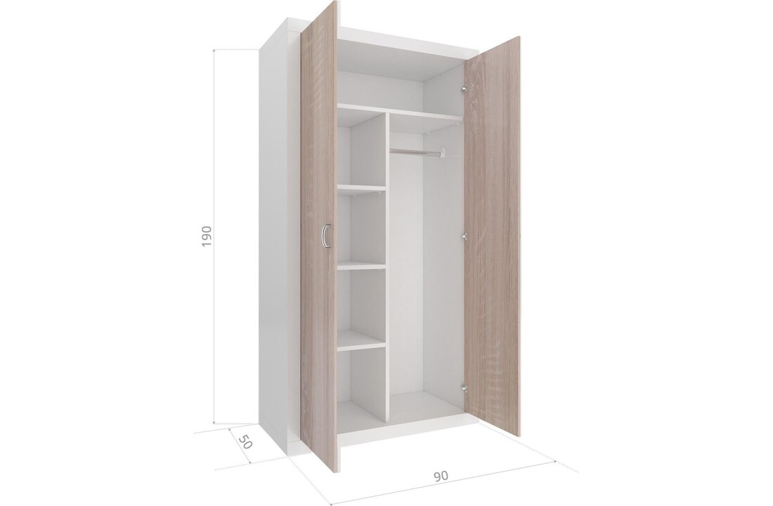 Witte kledingkast met deuren - 90x190x50 cm - MDF/Spaanplaat