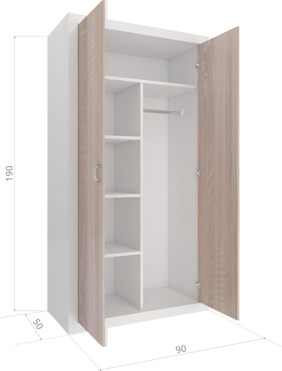 Witte kledingkast met deuren - 90x190x50 cm - MDF/Spaanplaat