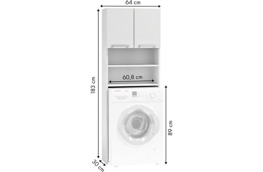 Badkamerkast boven wasmachine: 183x64x30cm, 4 schappen, wit