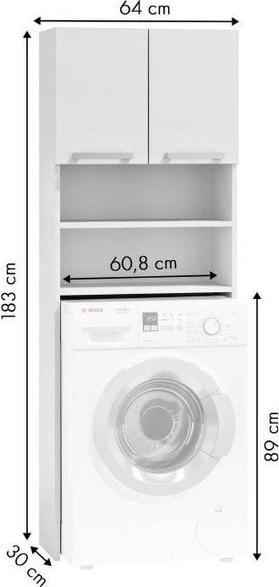 Badkamerkast boven wasmachine: 183x64x30cm, 4 schappen, wit