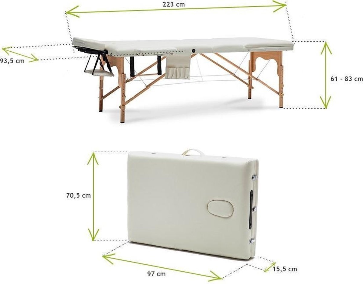 Draagbare massagetafel Hout XXL, 223cm, Crème ECO-leer, Opvouwbaar