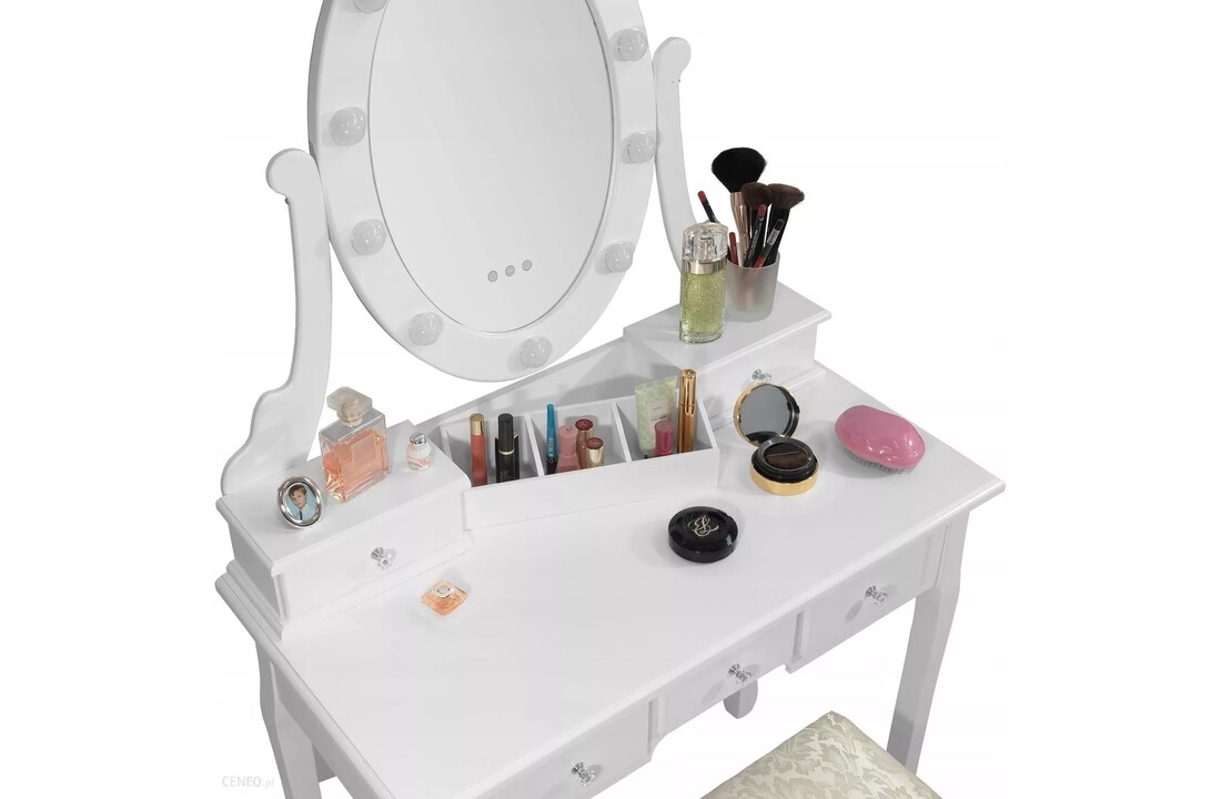 Kaptafel met spiegel en kruk: wit, MDF/grenenhout, 80x40x137cm