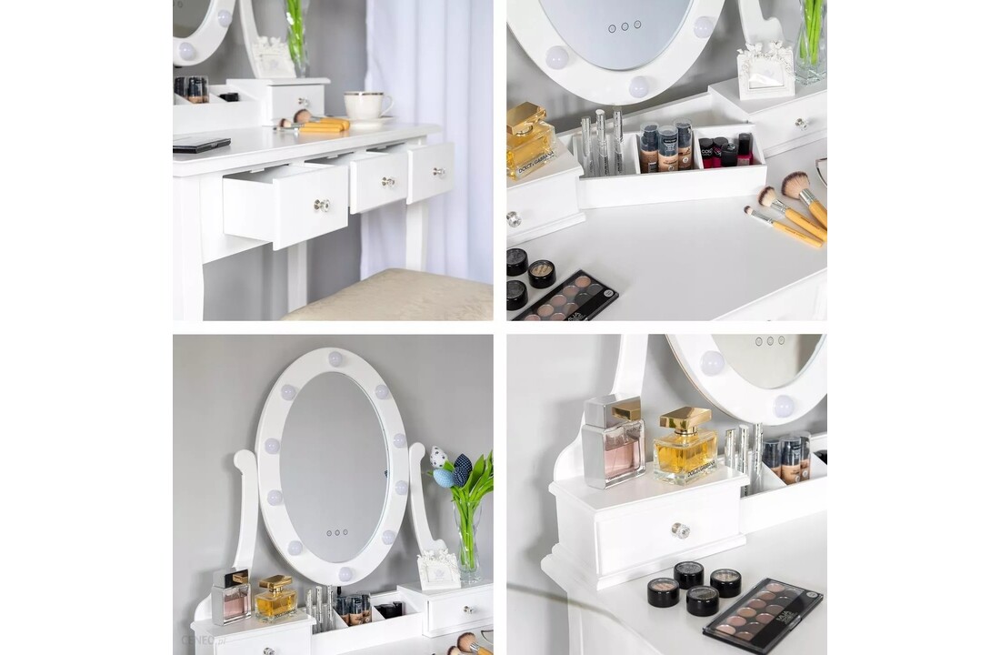 Kaptafel met spiegel en kruk: wit, MDF/grenenhout, 80x40x137cm