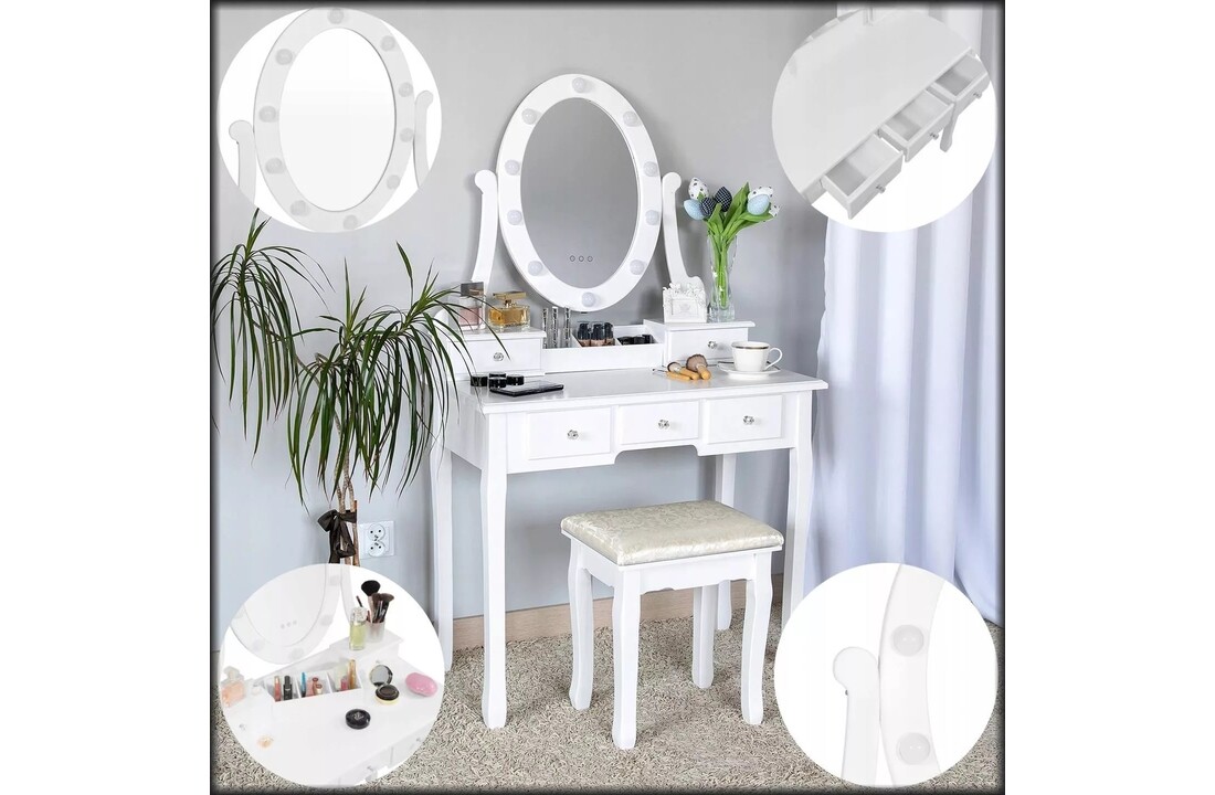 Kaptafel met spiegel en kruk: wit, MDF/grenenhout, 80x40x137cm