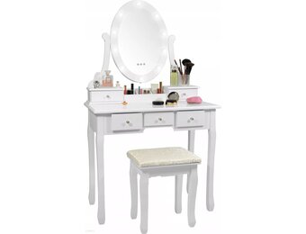 Kaptafel met spiegel en kruk: wit, MDF/grenenhout, 80x40x137cm