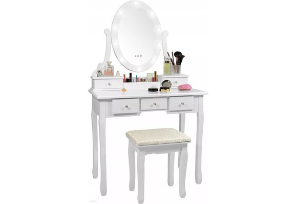 Kaptafel met spiegel en kruk: wit, MDF/grenenhout, 80x40x137cm