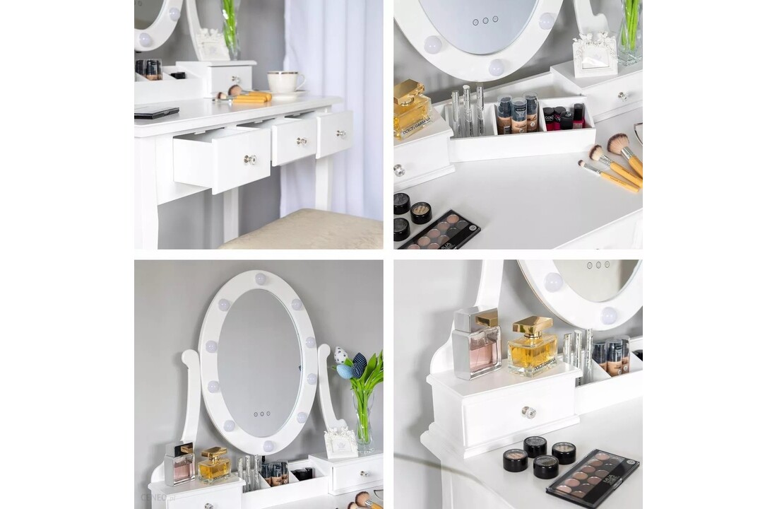 Make-up tafel met lades - Wit houten kaptafel met LED spiegel & kruk - 80cm