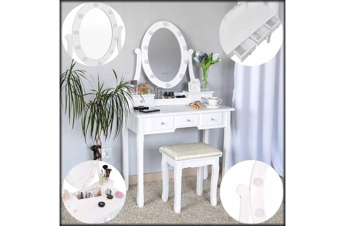 Make-up tafel met lades - Wit houten kaptafel met LED spiegel & kruk - 80cm