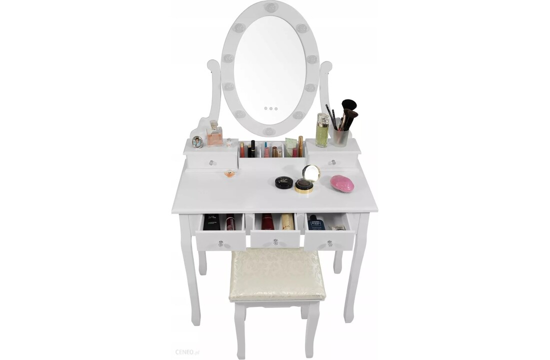 Make-up tafel met lades - Wit houten kaptafel met LED spiegel & kruk - 80cm