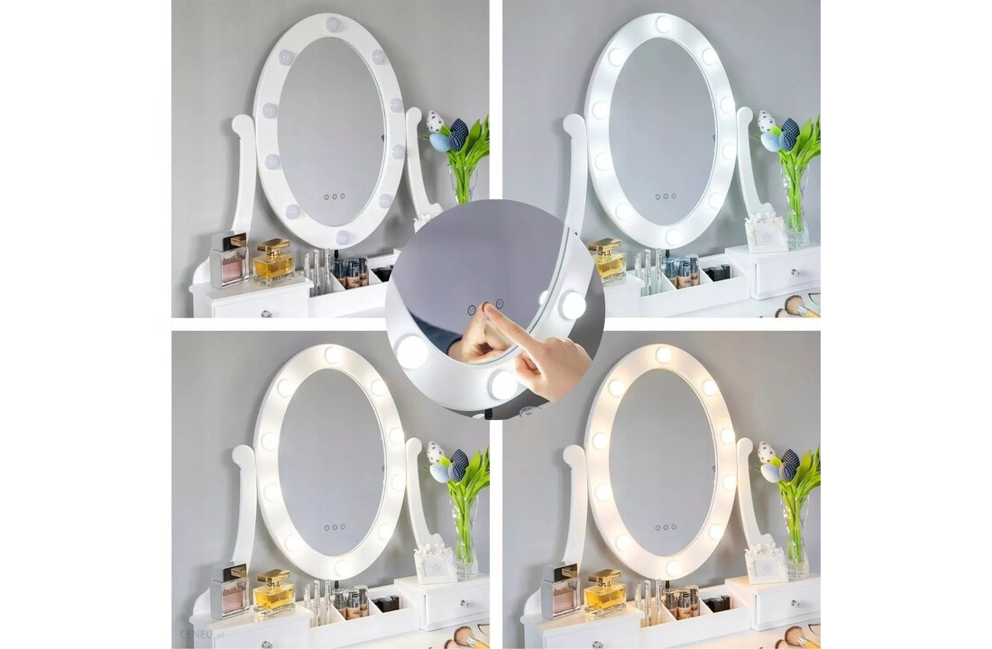 Make-up tafel met lades - Wit houten kaptafel met LED spiegel & kruk - 80cm