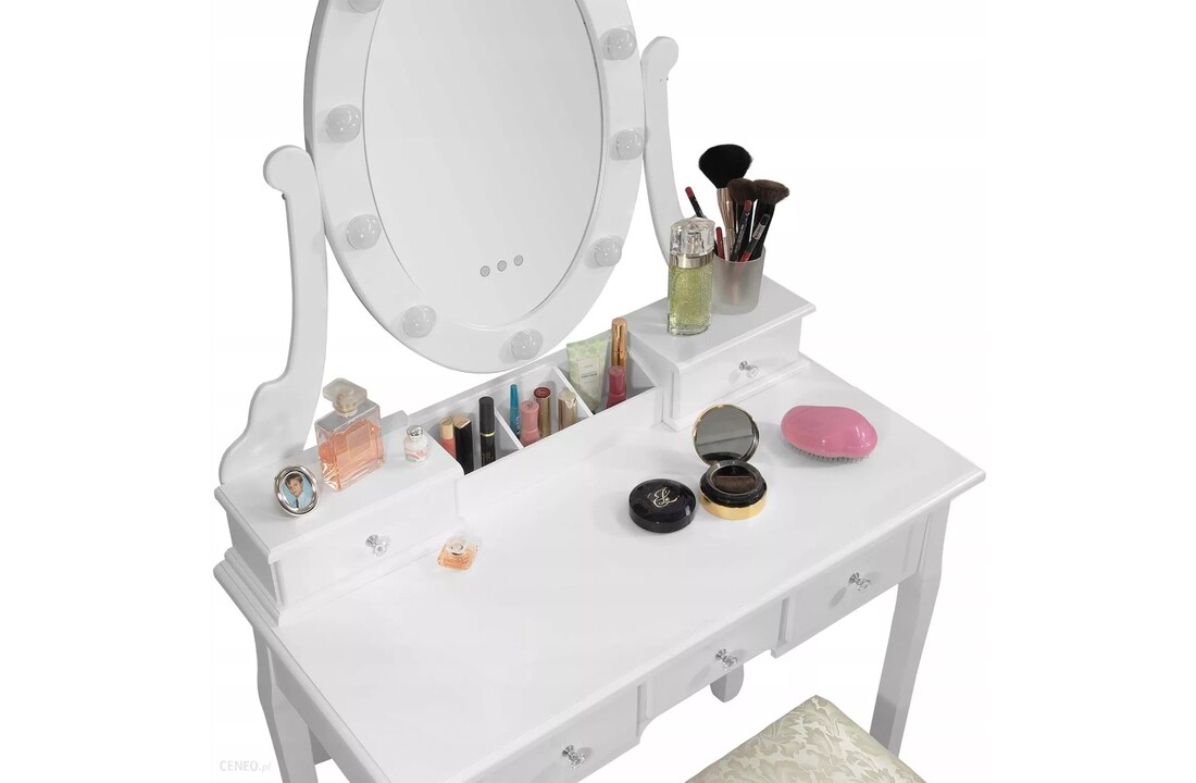 Make-up tafel met lades - Wit houten kaptafel met LED spiegel & kruk - 80cm