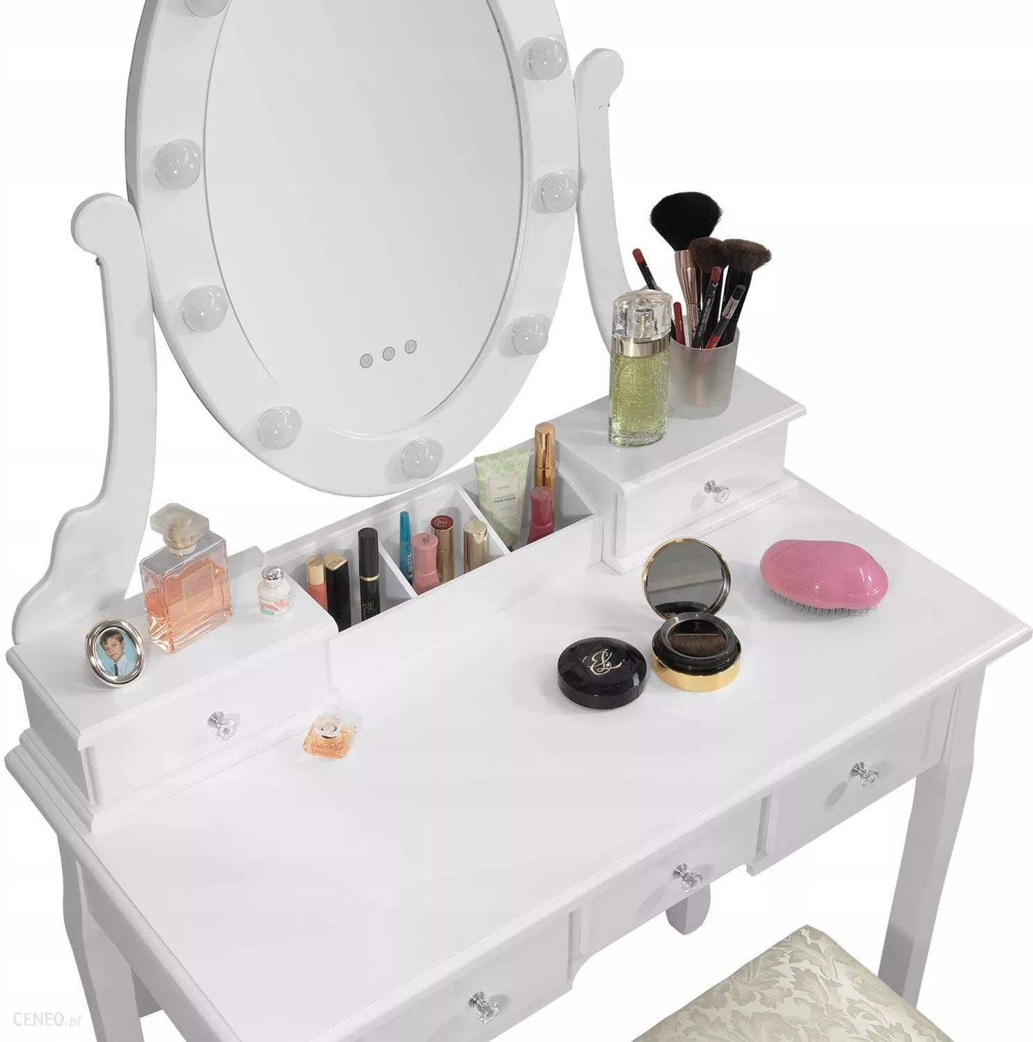 Make-up tafel met lades - Wit houten kaptafel met LED spiegel & kruk - 80cm