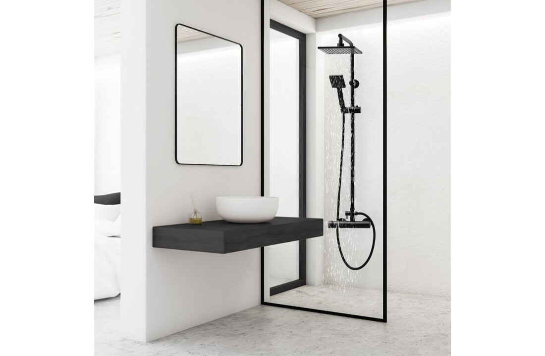 Doucheset Zwart - Luxe Regendouche 20x20cm - RVS Stang - Messing Kraan