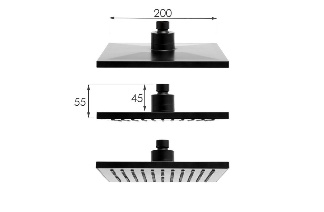 Regendouche Mat Zwart - 20x20cm RVS Stang & Messing Kraan
