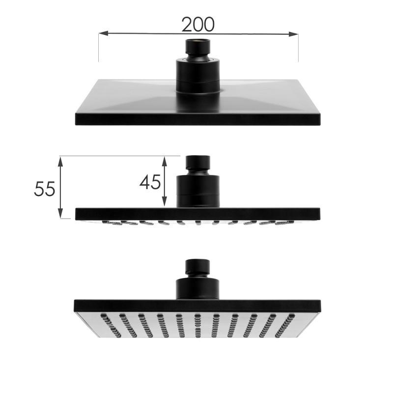 Regendouche Mat Zwart - 20x20cm RVS Stang & Messing Kraan