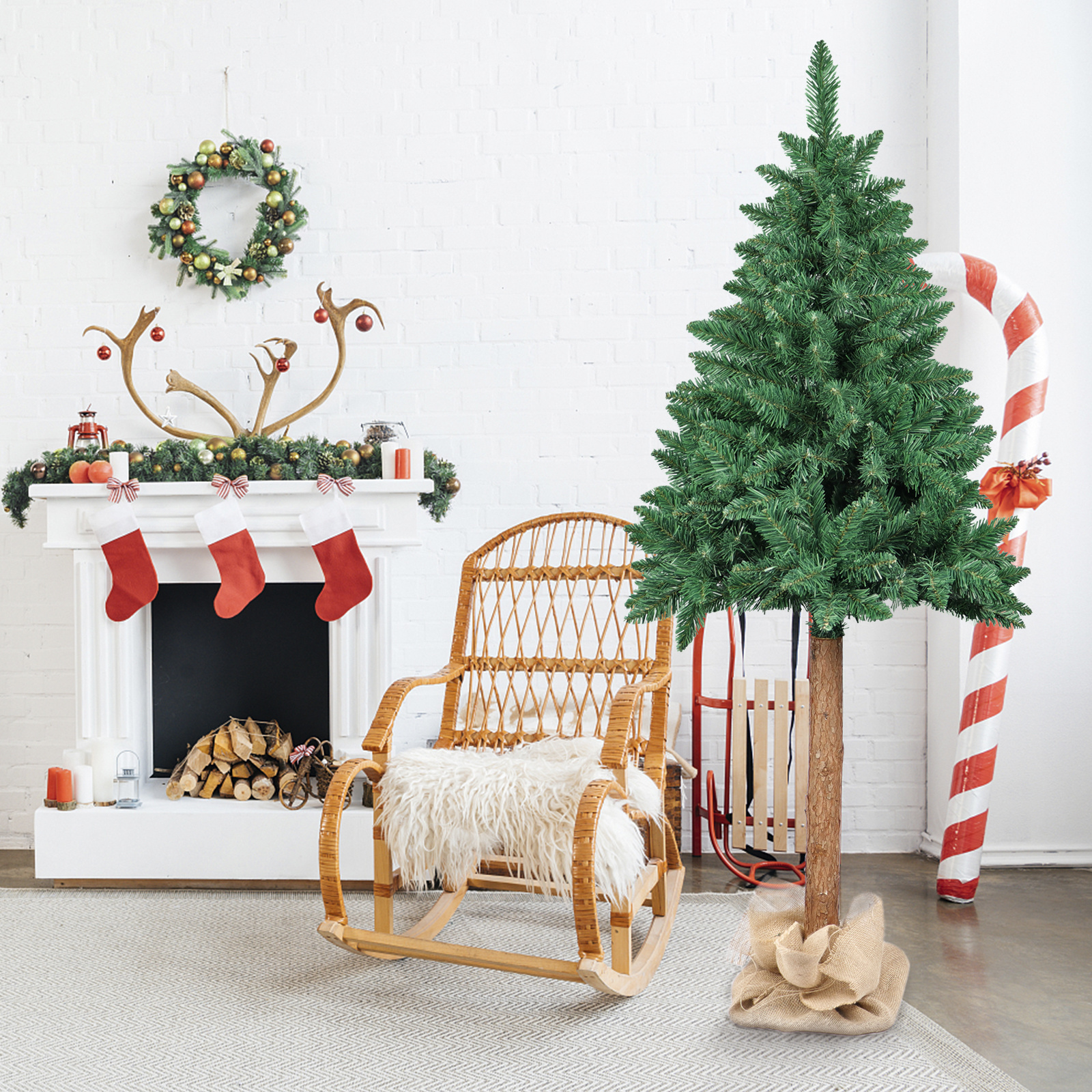 Kunstkerstboom 160 cm groen PVC met grenen stam