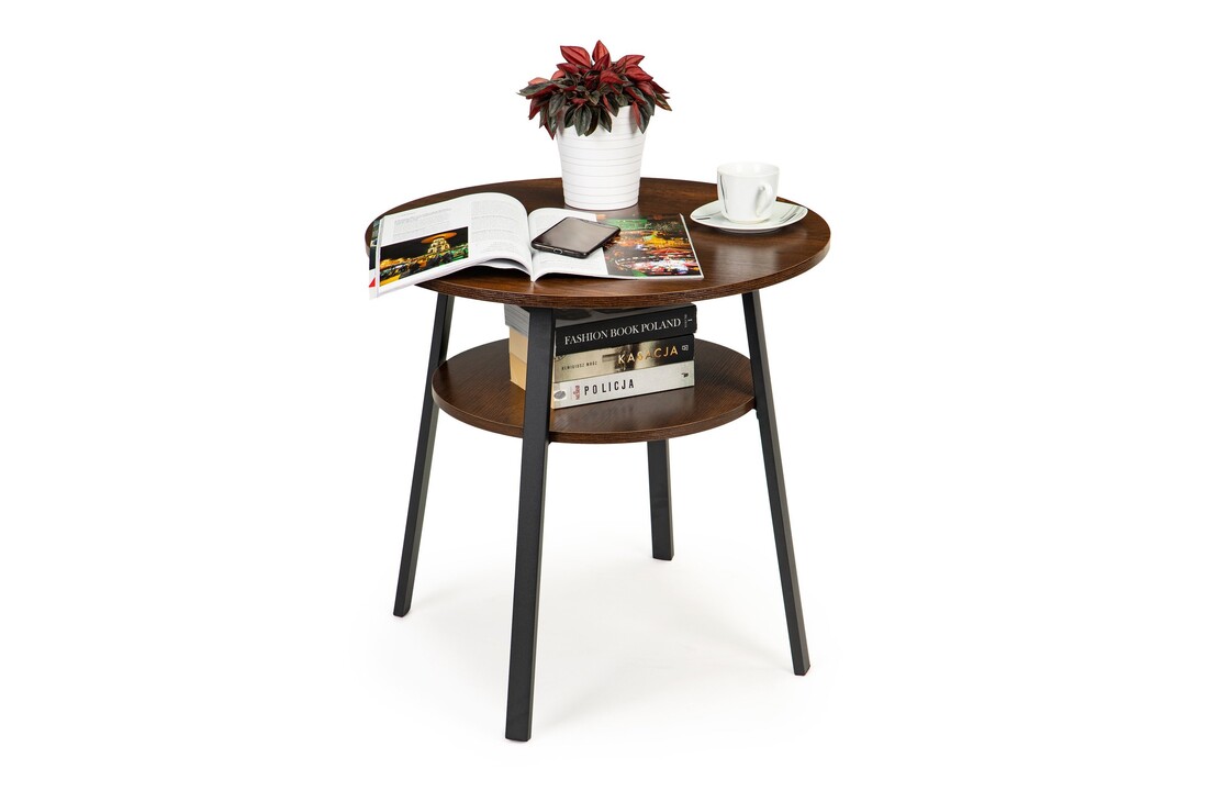 Bijzettafel industrieel hout rond 60cm bruin/zwart 2 etages