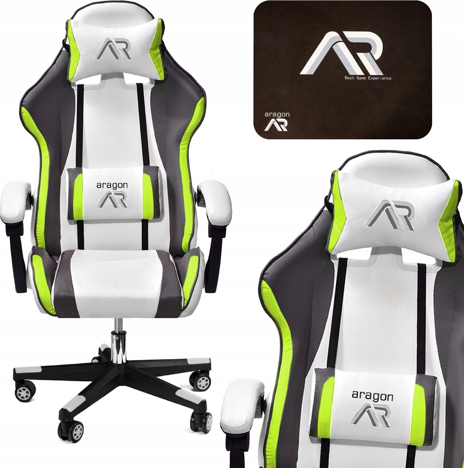 Gaming stoel met kussens, ergonomisch wit-grijs-limoen ECO-leer